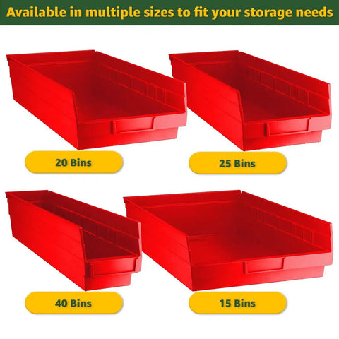 20 red polypropylene bins in various sizes for Heavy Duty 18 By 36 By 74 Inch Metal Wire Utility Rack for garage organization.