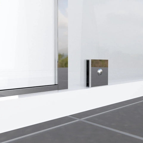 Solid Chrome Shower Glass Clamp, Heavy Duty Brass Clip For Frameless Panels, mounted beside glass panel in a bathroom setting.