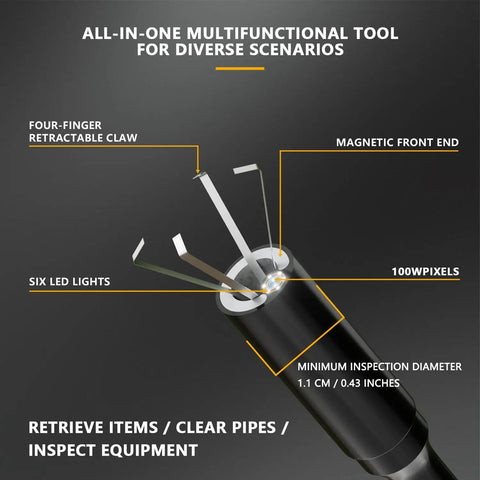 HD Endoscope Camera With Light And Grabber For Pipes And Auto Repair, Magnetic Pickup Sewer Borescope, IP67 Waterproof Drain Cleaning Tool With 6 LED Lights And 23.6 Inch Cable