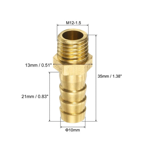 Five Piece Brass Hose Barb Fittings Set M12-1.5 Male To Barb Adapters 10mm Inner Diameter Barbed Pipe Fittings For Water Fuel And Air Lines Durable Corrosion Resistant Easy Install, brass fitting dimensions