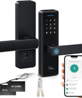 Smart Door Lock With Lever Handle And WiFi Keyless Entry Fingerprint Deadbolt App Control And Touchscreen Keypad For Front Door 5 In 1 Unlocking Methods With Three Tenths Of A Second Access And Remote Unlock, showing lock components, IC cards, keys, and smartphone.