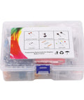 No Sweat Electronics Tinkerer Kit 1400 Piece Beginner Starter Pack With Solid Storage Container, clear plastic box with resistors and capacitors.