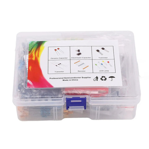 No Sweat Electronics Tinkerer Kit 1400 Piece Beginner Starter Pack With Solid Storage Container, clear plastic box with resistors and capacitors.