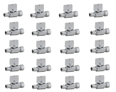 Twenty Pack 1/4 Turn Straight Shut Off Valve 3/8 Inch Compression X 1/2 Inch PEX Chrome Plated Lead Free Brass For Faucet Or Toilet Install