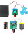 PWM Low Voltage Motor Speed Controller Kit Pack Of 3 with blue fan and wiring diagram.
