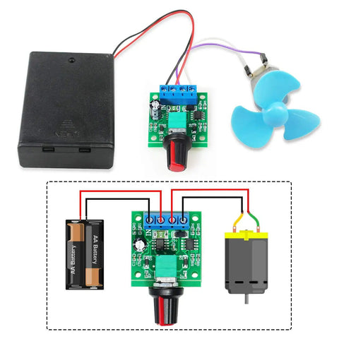 PWM Low Voltage Motor Speed Controller Kit Pack Of 3 with blue fan and wiring diagram.