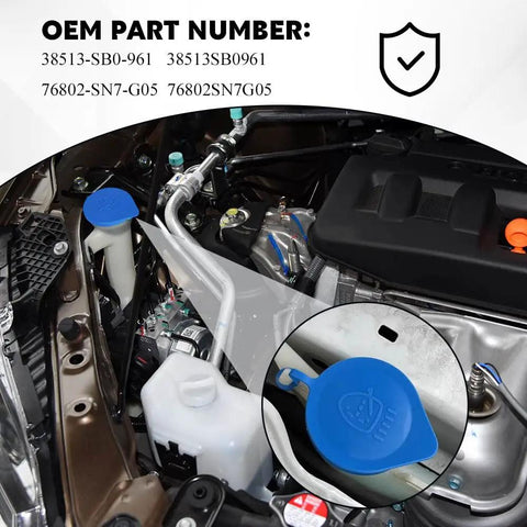 Two Pack Windshield Washer Fluid Reservoir Cap Replacement For Honda Civic CRV Accord Fit CRX Del Sol 1986 1996 2002 2006 OEM 38513 SB0 961 76802 SN7 G05 Durable Auto Tank Cap Easy Install And Long Lasting Seal installed view in engine bay.