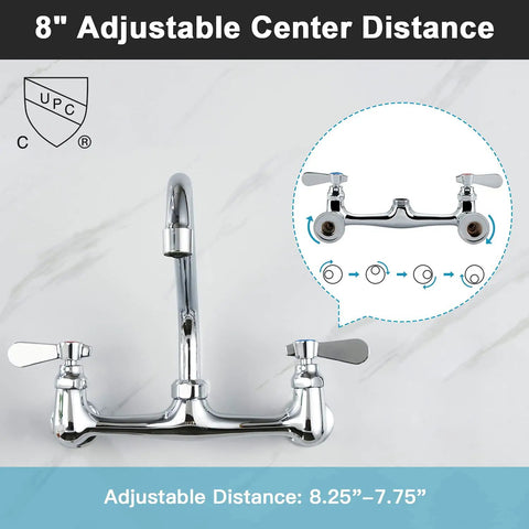 Wall Mount Commercial Sink Faucet With Eight Inch Adjustable Center No Sweat Installation Right On Target Kitchen Utility Tap showing 8" adjustable distance and chrome finish.