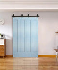 Space Saver Bi-Folding Barn Door Hardware Kit In Black Finish For Four Interior Doors, shown installed with blue doors