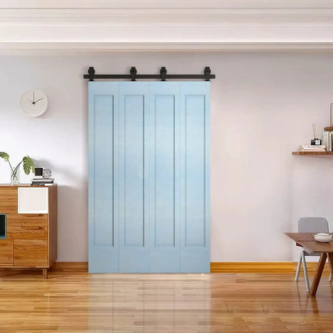 Space Saver Bi-Folding Barn Door Hardware Kit In Black Finish For Four Interior Doors, shown installed with blue doors