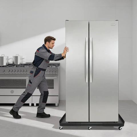 Heavy Duty 2000 Lb Moving Dolly, Adjustable Furniture Transport Cart With Telescoping Base And Sturdy Steel Frame For Boss Moves with user pushing refrigerator.