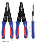 All-In-One 8-Inch Wire Stripper And Multi-Tool Cutter with blue and red handles shown in front and side views