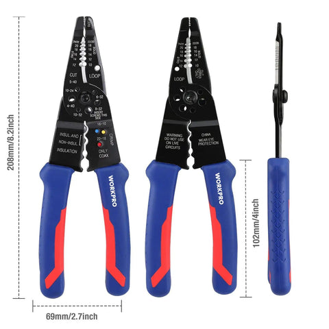All-In-One 8-Inch Wire Stripper And Multi-Tool Cutter with blue and red handles shown in front and side views