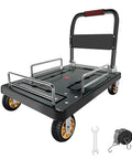 Beefy Heavy Duty Foldable Hand Cart With Wheels For 1300 Lbs Loads Portable Platform Hand Truck With Detachable 3 Sided Guardrails Rugged Dolly For Moving Equipment On Concrete Wood Or Carpet Wide Application And Easy Storage, foldable view