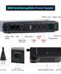 Back view of Compact 36W DC Uninterruptible Power Supply Backup For Router Modem And Security Camera with multi voltage outputs.