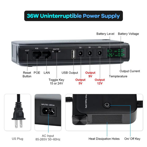 Back view of Compact 36W DC Uninterruptible Power Supply Backup For Router Modem And Security Camera with multi voltage outputs.