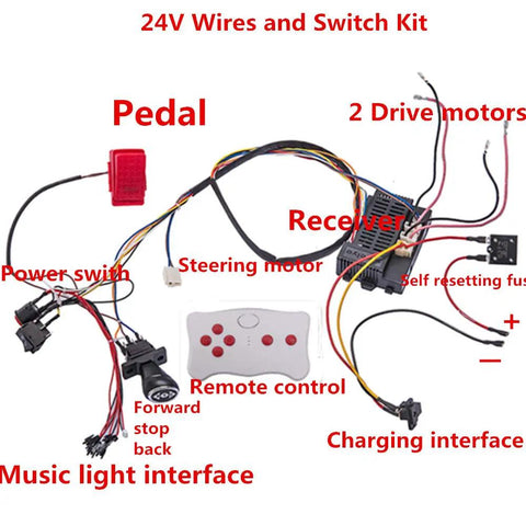 24V Kid Ride On Car Wiring Kit with 2.4G Bluetooth Remote Control, switch, and cables for DIY power wheel upgrade