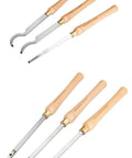VMTW six-piece mini woodturning lathe tool set with carbide tips; curved gouges and straight chisels, wooden handles.