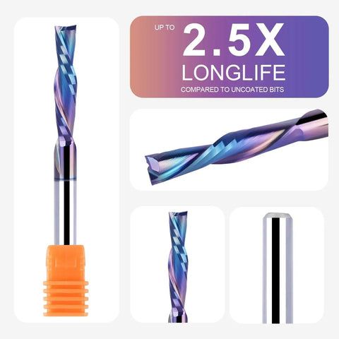 5-Piece Carbide Spiral Downcut CNC Router Bits Set With One Eighth Inch Shank And One Eighth Inch Cutting Diameter, 2.5X longevity