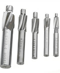 Front view of five HSS counterbore end mills in silver metal, varying sizes