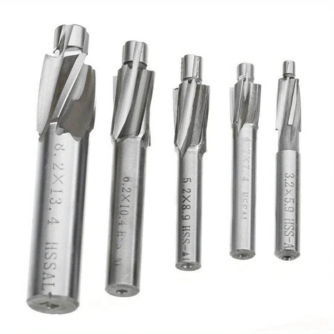 Front view of five HSS counterbore end mills in silver metal, varying sizes