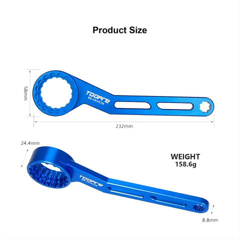 Image of Six In One Bicycle Bottom Bracket Tool For Hollowtech II And PF30, showing dimensions, blue aluminum wrench, 158.6g weight.