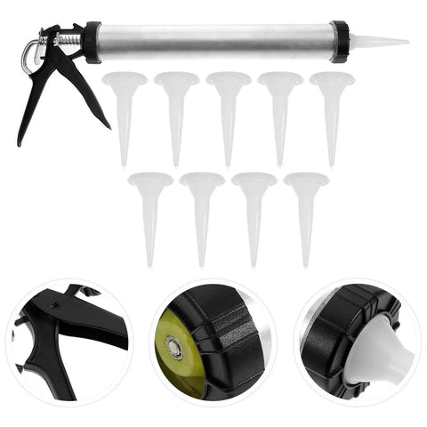 Built Tough As Nails Metal Caulk Smoothing Tool With Thick Reinforced Rod For Precision Sealant Bead Control Pro Finish showcasing caulk gun and applicators.