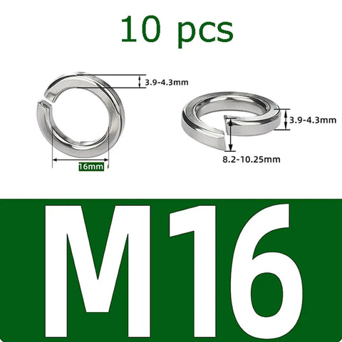 316 Stainless Steel Spring Lock Washers Set For Bolts M1.6 To M30, Split Ring Elastic Washers, Vibration Proof Locking, Corrosion Resistant Marine Grade, Complete Sizes Kit Including M16 And 10 Pieces Heavy Duty, M16 10 pcs