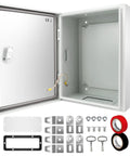 Rugged Outdoor Electrical Box Built Tough Steel Junction Enclosure 20 By 16 By 8 Inch NEMA 4X IP66 open with accessories displayed