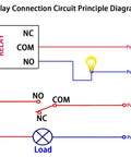 Relay connection circuit diagram showing NC, NO, and COM terminals with load and power connections for Arduino relay modules.