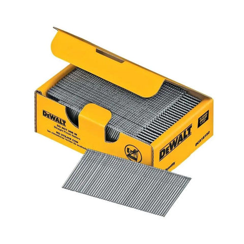 Open box showing Finish Nails For A 20 Degree Nailer One And A Half Inch 16 Gauge Galvanized 2500 Pack For Trim Framing And Woodworking Projects Heavy Duty Pro Grade Construction Fasteners With Strong Hold.