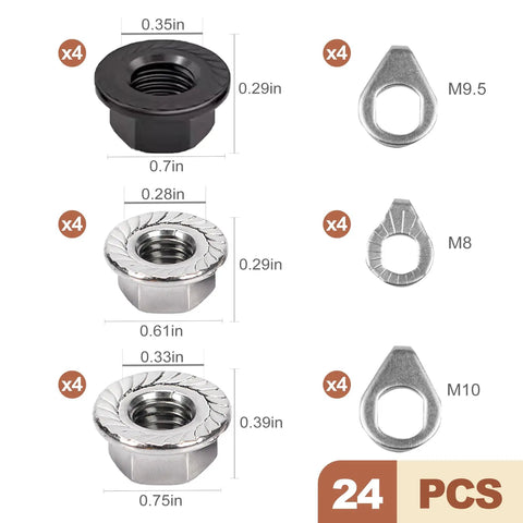 24 Pcs Bike Axle Nut And Washer Kit M8 M9 M10 Universal Hub Nuts Set with dimensions and quantity shown