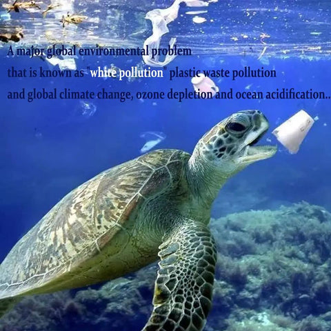 Sea turtle swimming near plastic waste in ocean highlighting pollution issue.