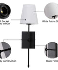 Set Of 2 Slim Wall Sconces With White Fabric Shade And Matte Black Base For Bedroom Bedside Bathroom Vanity And Living Room - Easy Dope Hardwired Indoor Wall Lighting Fixtures, showing details and construction materials.