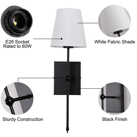 Set Of 2 Slim Wall Sconces With White Fabric Shade And Matte Black Base For Bedroom Bedside Bathroom Vanity And Living Room - Easy Dope Hardwired Indoor Wall Lighting Fixtures, showing details and construction materials.