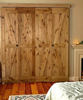 Interior view of Double 38 By 84 Inches Unfinished Alder Wood Bifold Barn Doors with Low Clearance Box Rail Sliding Hardware Set