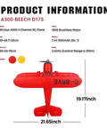 Top view of A300 4 Channel RC Plane With LED Lights Beechcraft D17 Style showing dimensions and product details.