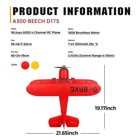 Top view of A300 4 Channel RC Plane With LED Lights Beechcraft D17 Style showing dimensions and product details.