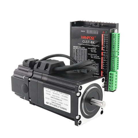 Servo motor with closed-loop driver, black, with HANPOSE CL57-BK controller board and green terminal blocks.