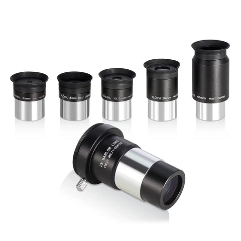 1.25 Inch Telescope Accessory Kit with five Plossl eyepieces of varying focal lengths and a 2x Barlow lens on white background