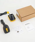 Rugged Industrial Bluetooth Barcode Scanner With QR And 2D And 1D Capability Workhorse 2600mAh Battery IP67 Waterproof And 7M Drop Proof Wireless For Store POS Computer iPhone Android Includes Charging Stand Ready To Scan Anywhere with packaging and accessories shown.