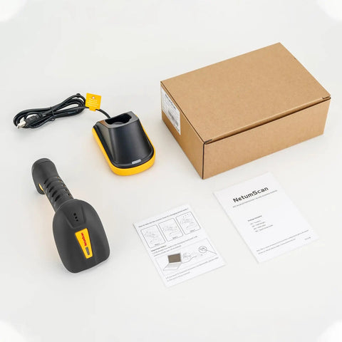 Rugged Industrial Bluetooth Barcode Scanner With QR And 2D And 1D Capability Workhorse 2600mAh Battery IP67 Waterproof And 7M Drop Proof Wireless For Store POS Computer iPhone Android Includes Charging Stand Ready To Scan Anywhere with packaging and accessories shown.
