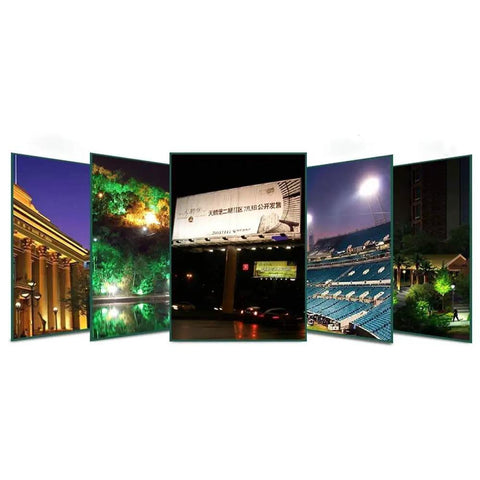 Various nighttime scenes featuring illuminated landmarks and advertising, showcasing the versatility of Badass 300W LED Flood Light With Rock Solid IP65 Waterproof Shell And Beefy Adjustable Bracket For Yard Backyard Garden Landscape Courtyard Driveway.