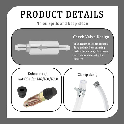 Image showing product details for Two Pack Brake Bleeder Hose Kit With One Way Check Valve For Car And Motorcycle Clutch Bleeding, including check valve and clamp design.