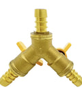 Brass Three Eighth Inch Hose Barb Y Shaped Three Way Shut Off Valve With Two Switches For Water Fuel And Air Applications
