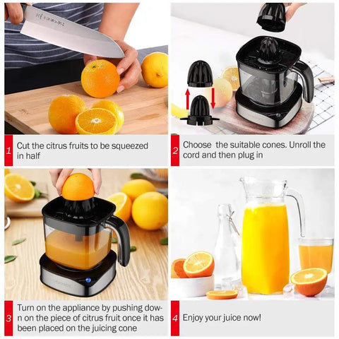 Luukmonde Electric Citrus Juicer 1.2L Large Volume Orange Squeezer Powerful Motor Led Light in use for fresh juice preparation.