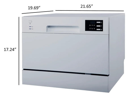 Straight Up Countertop Dishwasher With Six Quick Rinse Cycles And Bright Led Touch Panel Featuring Easy Sink Hookup Digital Timer and Zero Hassle Cleanup For Daily Grinds, showing dimensions of 19.69" x 21.65" x 17.24".