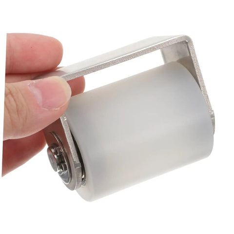 Beefy 304 Stainless Steel Gate Roller With Bracket U Groove Wheel For Boat Trailer And RV Trailers Sliding Doors Nylon Wheel Caster With Fixed Pulley Option Built To Last held in hand, showing the nylon wheel
