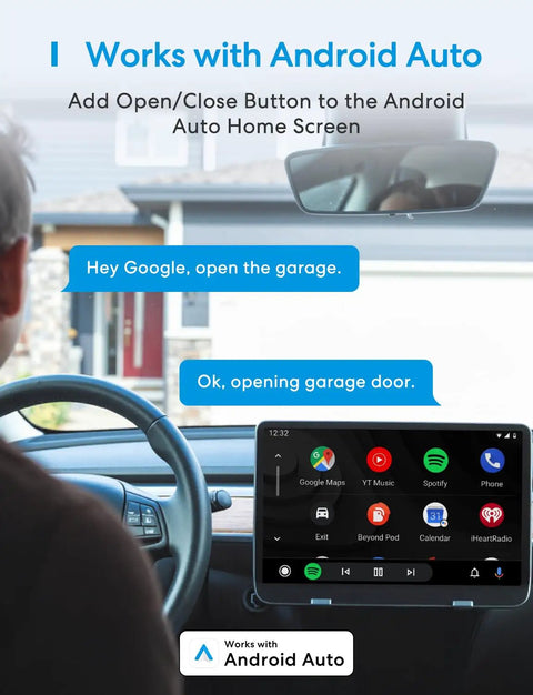 Smart Garage Door Opener Remote With App Control And Alexa SmartThings Compatibility display in car with Android Auto.