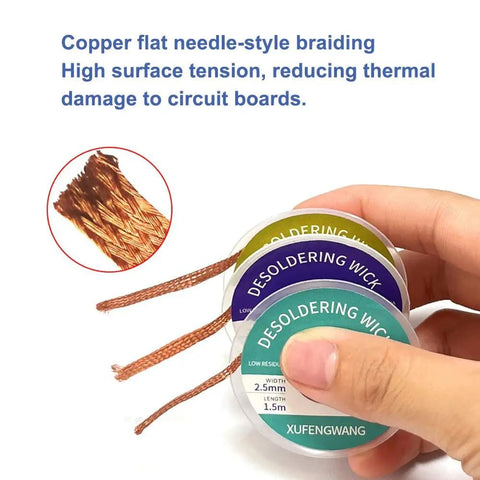 Desoldering Solder Wick Braid 5ft Length 4mm Width For Electronics Repair tool with copper braid and colored labels in hand